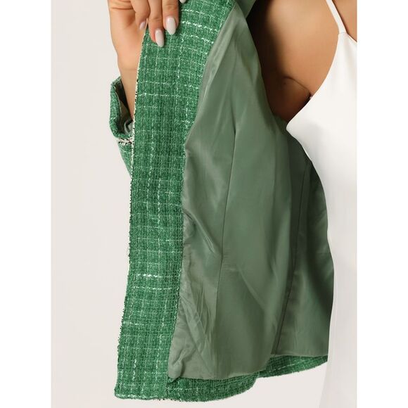 Plaid Tweed Blazer Long Sleeve Open Front Workwear Short Jacket Green - Picture 5 of 6